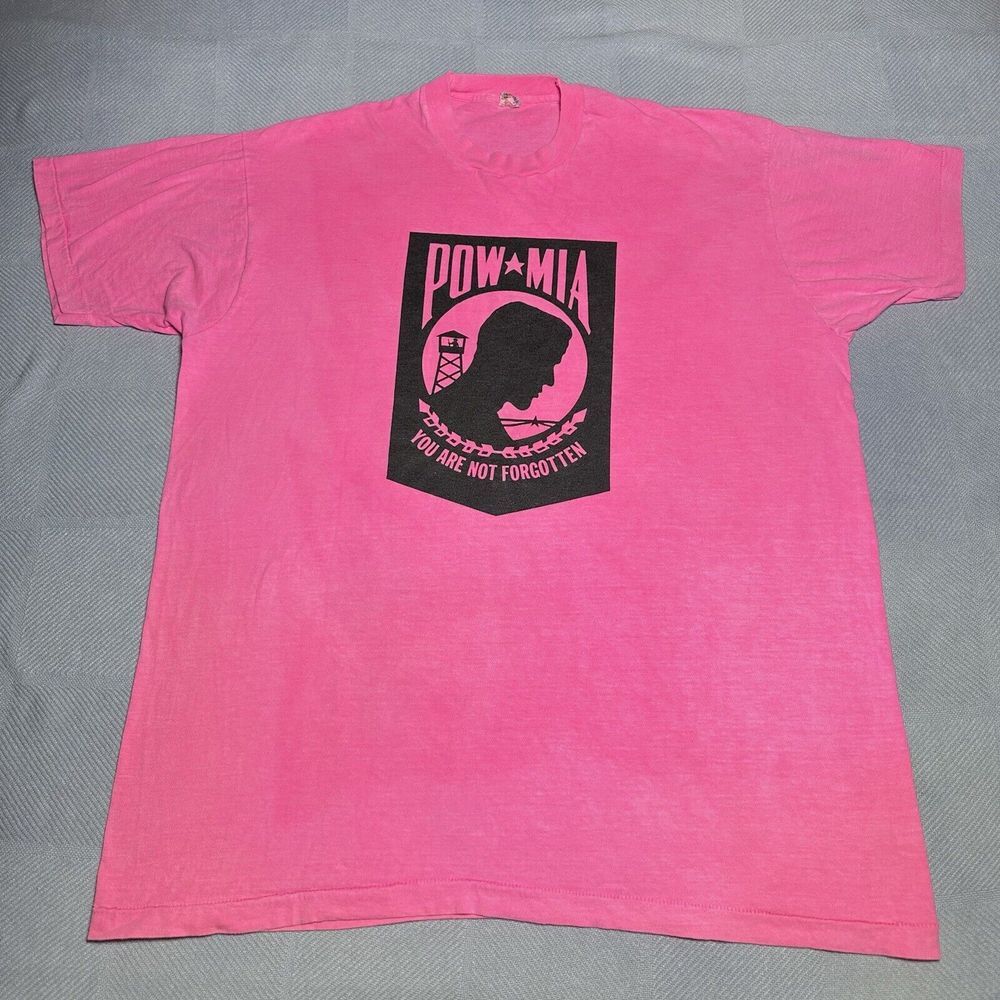 Vintage 1980s POW MIA You Are‎ Not Forgotten Pink Screen Stars T-Shirt Size 3XL